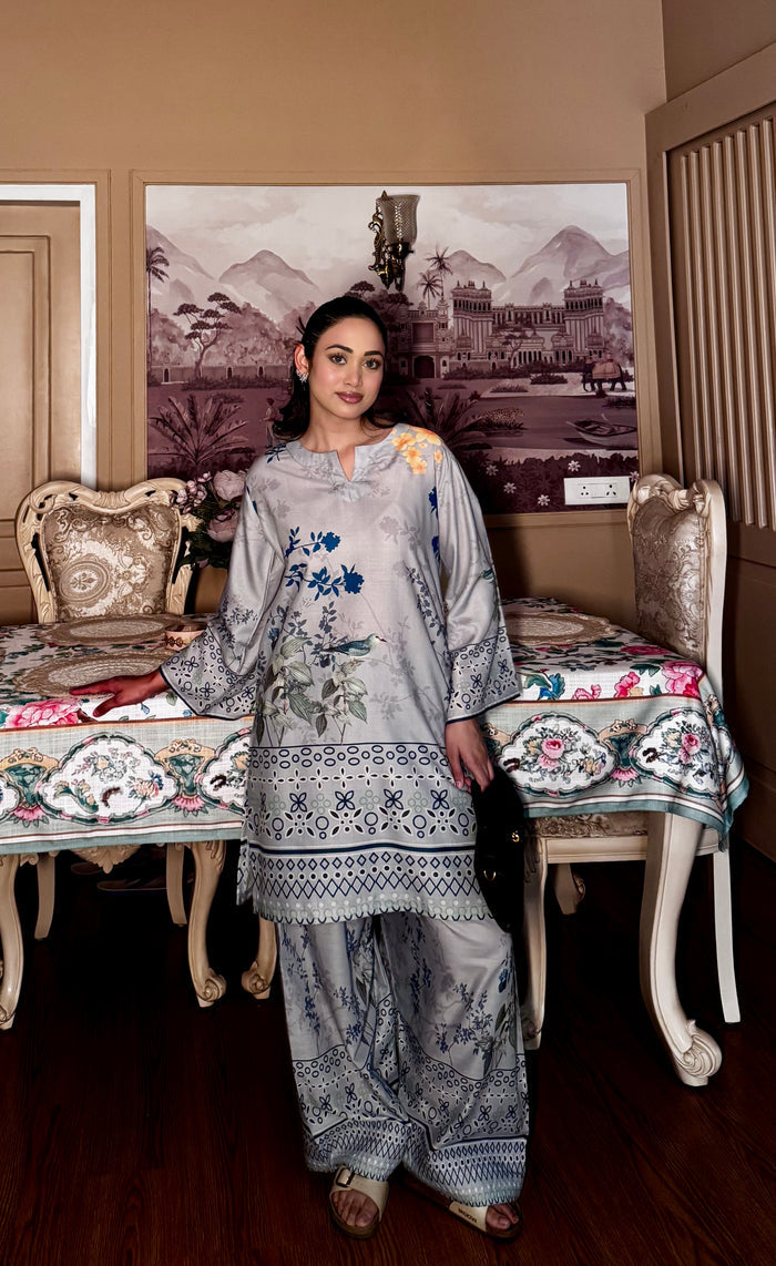 Ishita sandhu In Grey Printed Lawn Cotton Co-ord Set with Farsi Pants