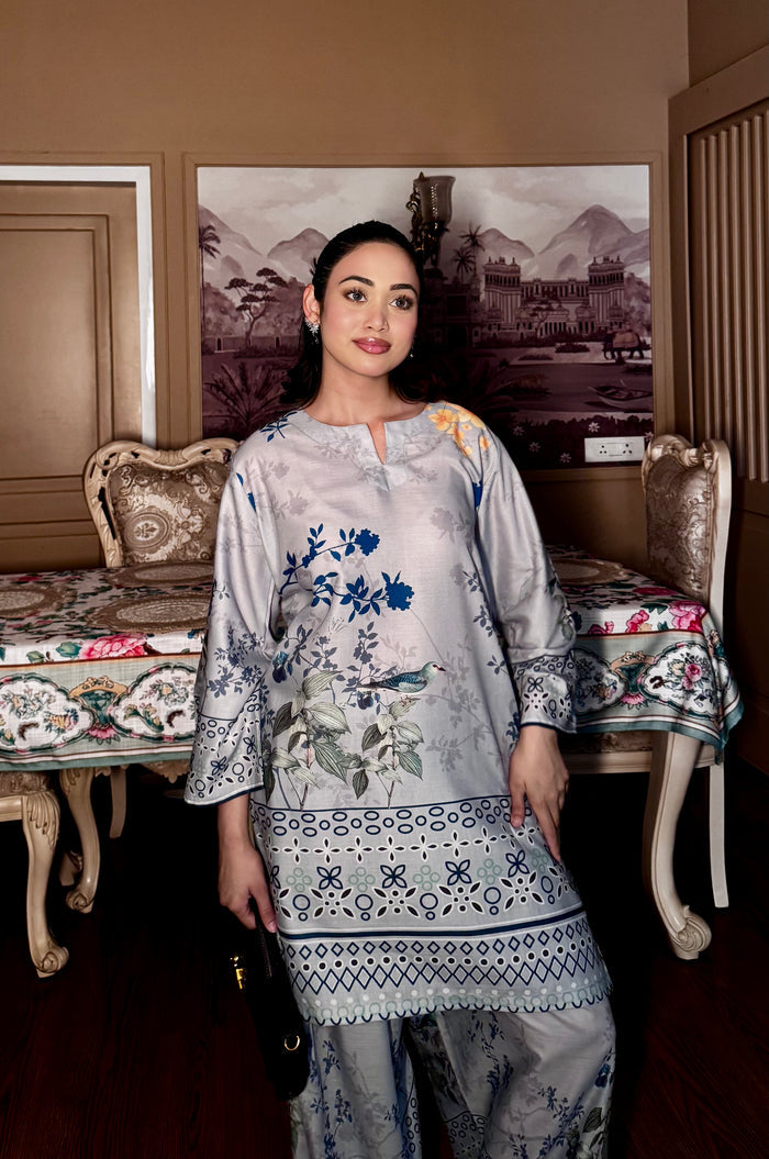 Ishita sandhu In Grey Printed Lawn Cotton Co-ord Set with Farsi Pants