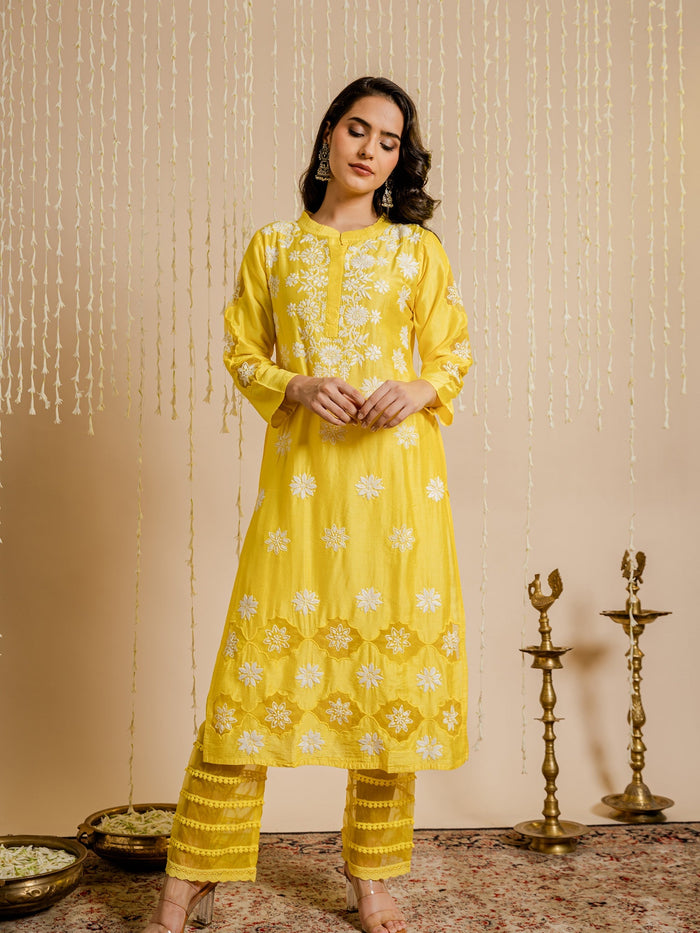 Aanchal Hans in Fizaa Yellow Chikankari Chanderi Silk Kurta Set