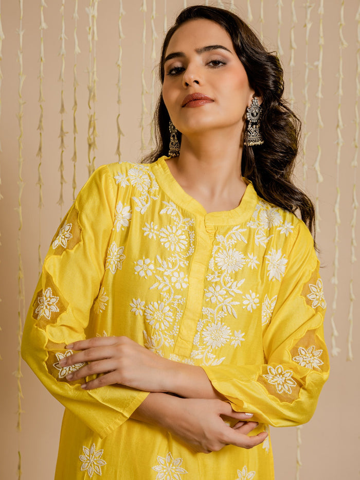 Aanchal Hans in Fizaa Yellow Chikankari Chanderi Silk Kurta Set