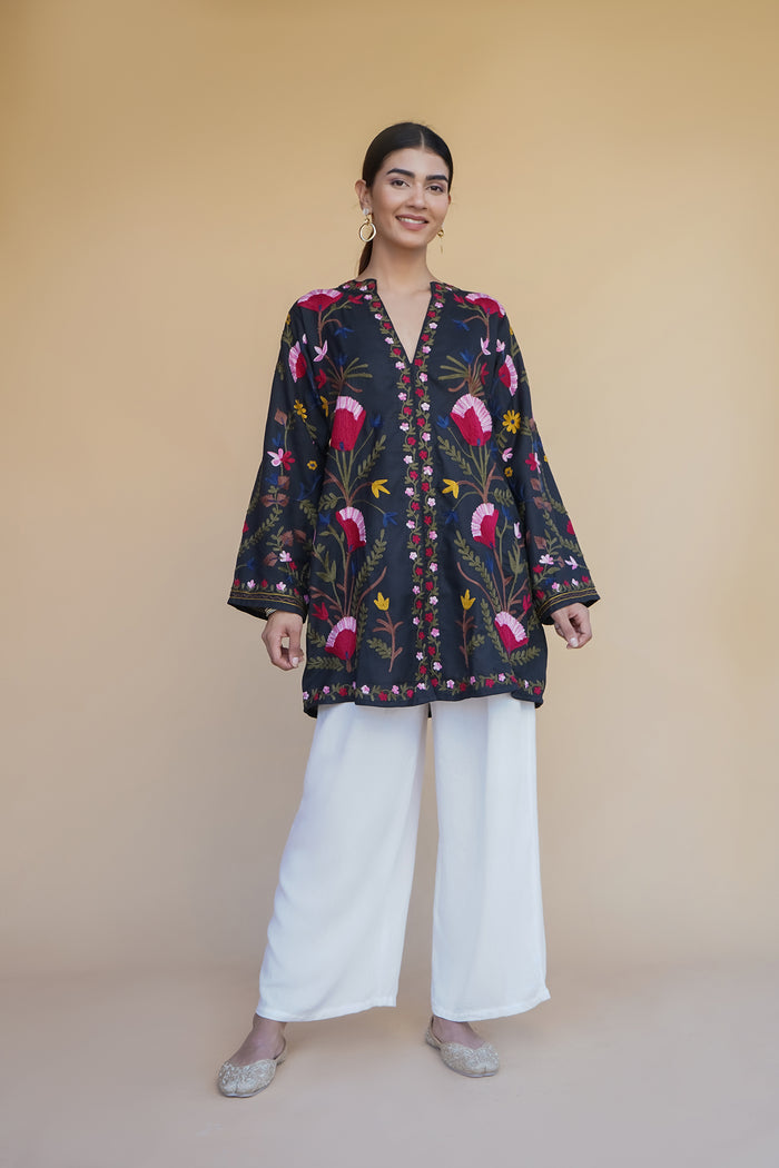 Aarti in Kashmiri Aari Work Cotton Kurta Jacket – Black