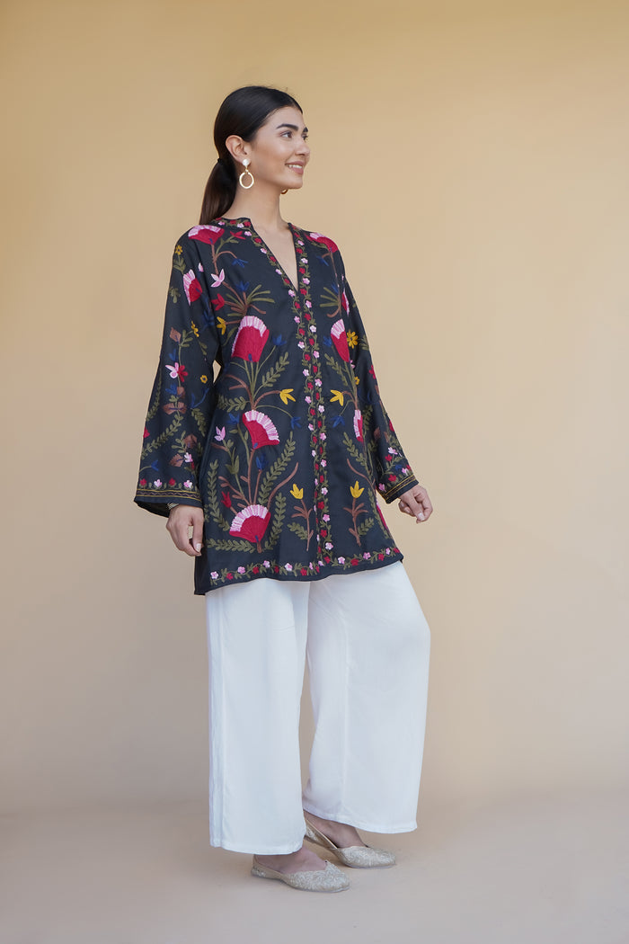 Aarti in Kashmiri Aari Work Cotton Kurta Jacket – Black