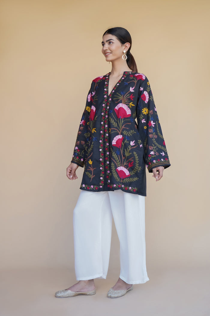 Aarti in Kashmiri Aari Work Cotton Kurta Jacket – Black