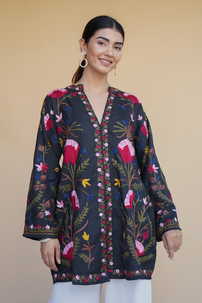 Aarti in Kashmiri Aari Work Cotton Kurta Jacket – Black