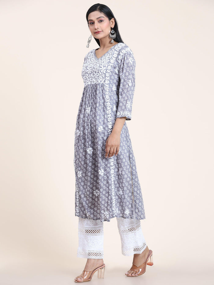 Aishwarya in Noor Mul Printed Hand Embroidery Chikankari Kurta- Grey - House Of Kari (Chikankari Clothing)
