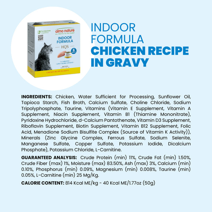 Almo Nature HQS Indoor Cat Food - Chicken Recipe In Gravy 6 x 50g