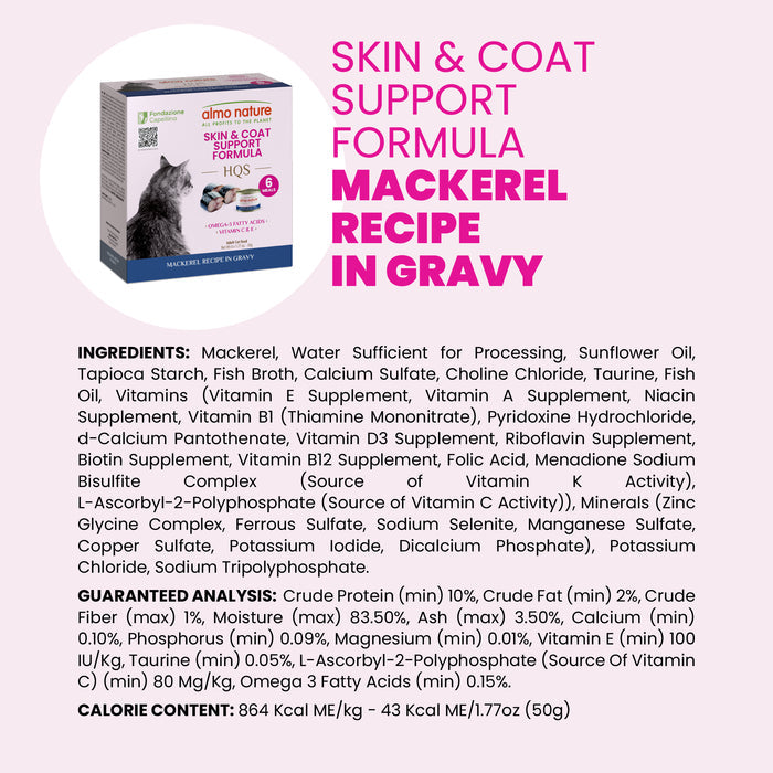 Almo Nature HQS Skin & Coat Care Cat Food - Mackerel Recipe In Gravy 6 x 50g