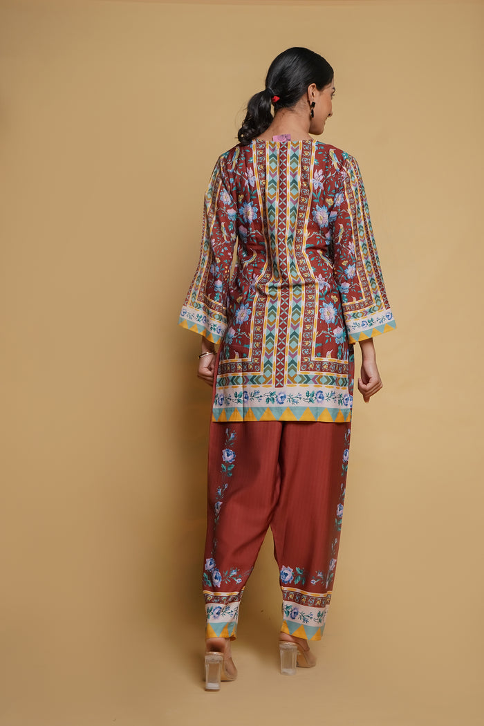 Amisha in Printkari Poly Muslin Co-ord set in Mocha Brown