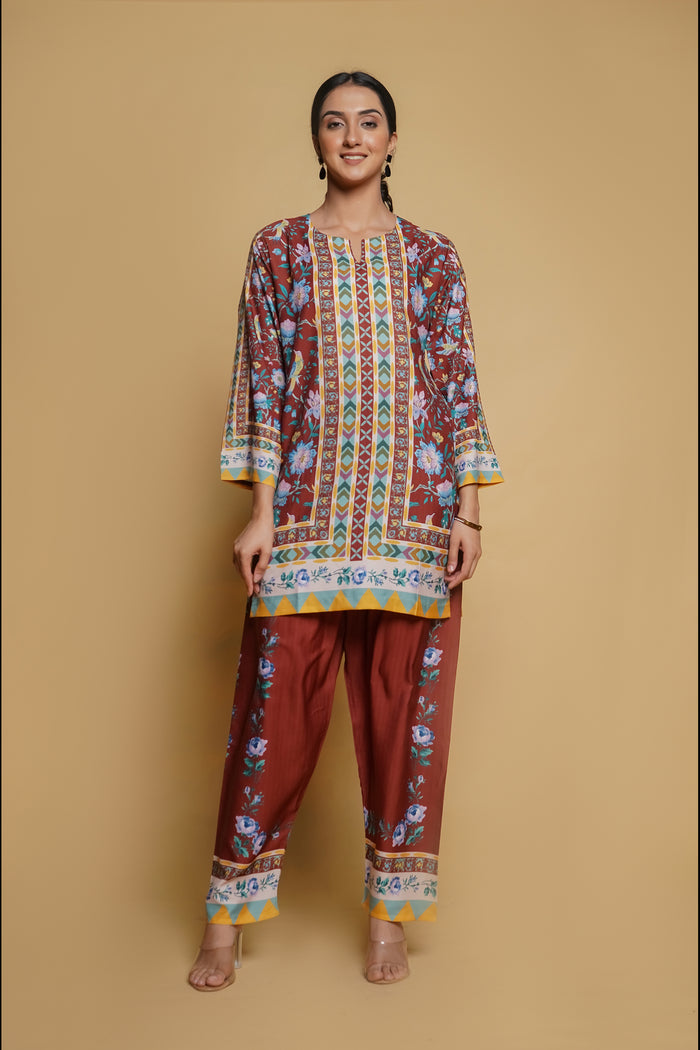 Amisha in Printkari Poly Muslin Co-ord set in Mocha Brown