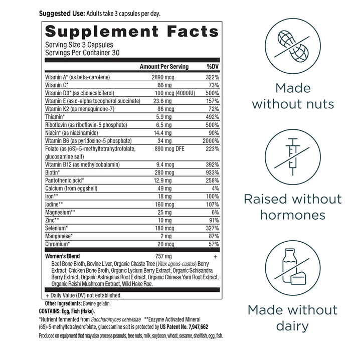 Ancient Nutrition Women's Multivitamins label with nutritional information and certification icons on a white background
