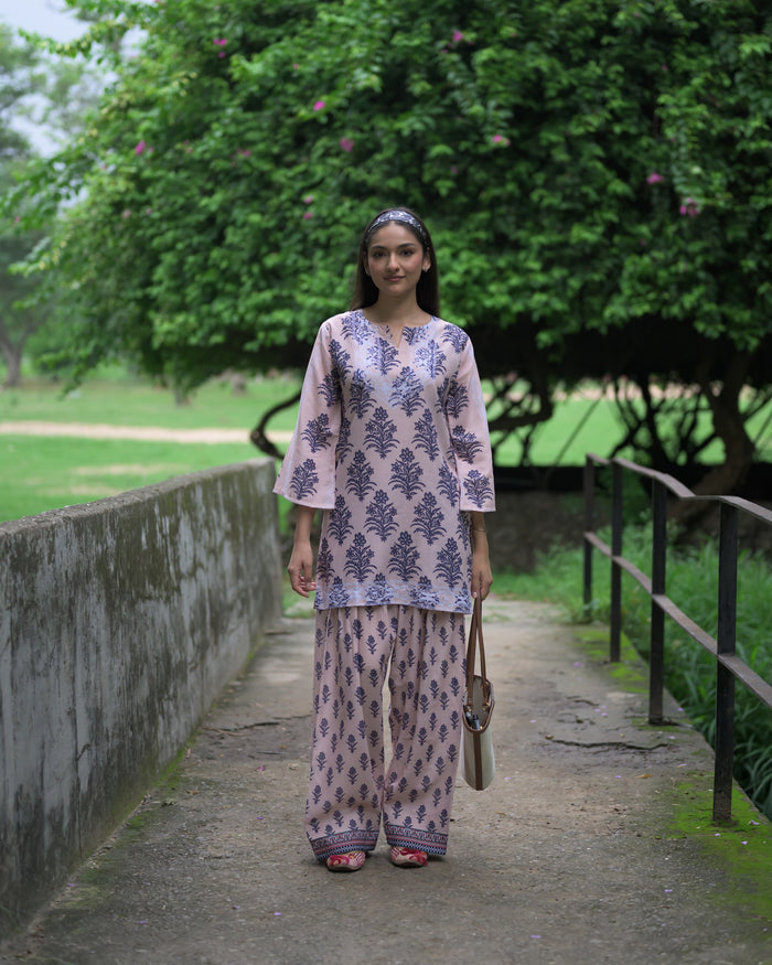 Anureet in Lawn Cotton Co-ord Set - Beige with Navy Floral Print with Farsi Pant