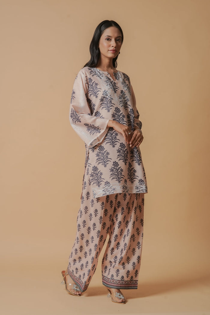 Anureet in Lawn Cotton Co-ord Set - Beige with Navy Floral Print with Farsi Pant