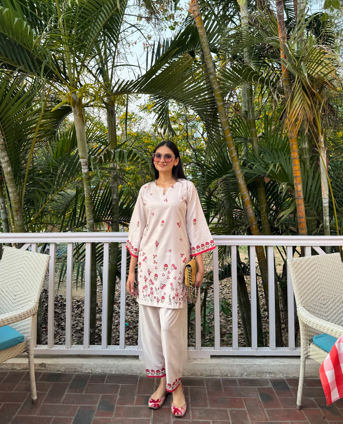 Anureet in Printkari Poly Muslin Co-ord set in Off White Red