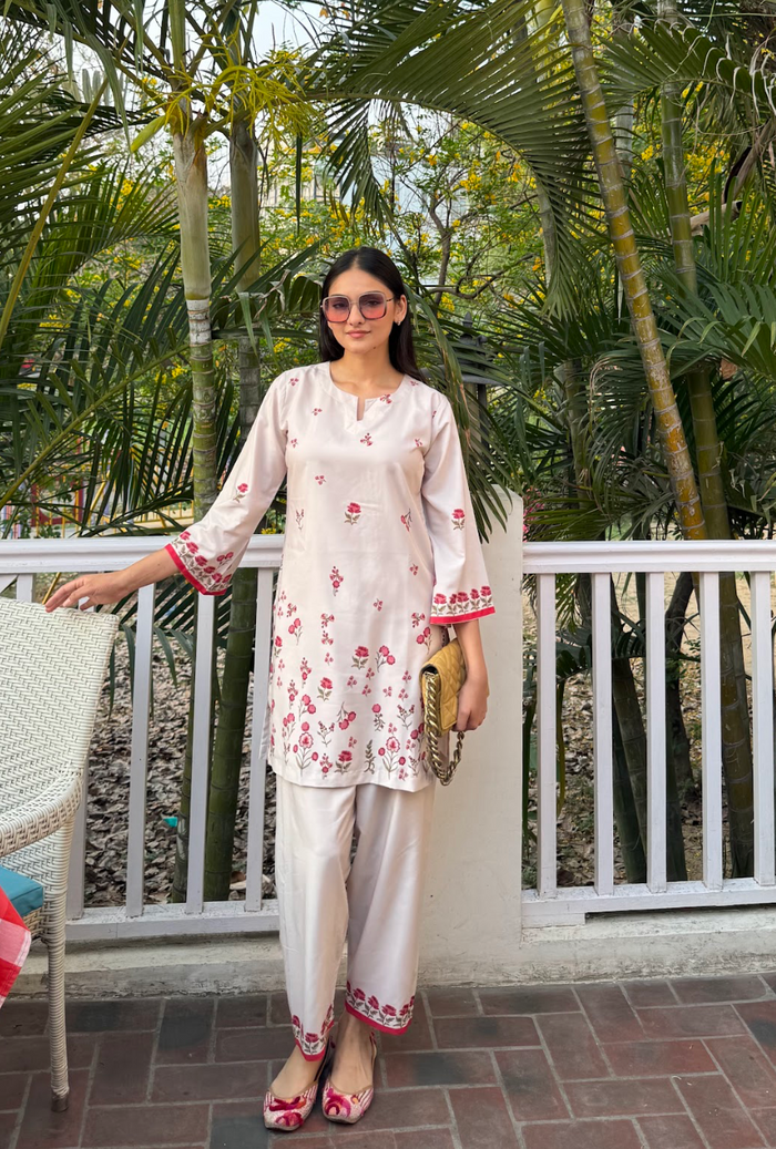 Anureet in Printkari Poly Muslin Co-ord set in Off White Red