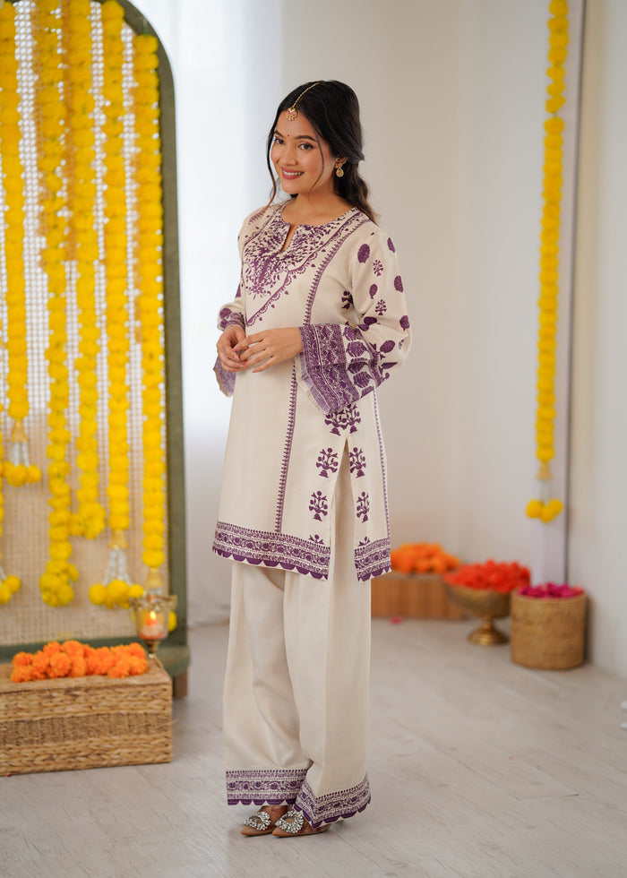 Arti in Lawn Cotton Shimmer Printed Cord Set with Farsi Bottom - Ivory