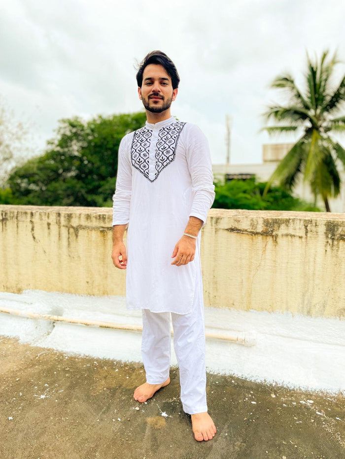 Arun in HOK Men's Chikankari Kurta in Rayon Cotton - White - House Of Kari (Chikankari Clothing)