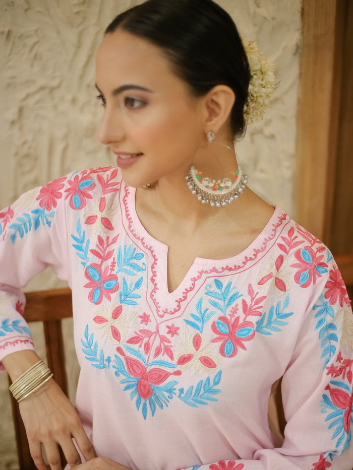 Asfi Javed in Falak Kashmiri Long Kurta Set  - Baby Pink