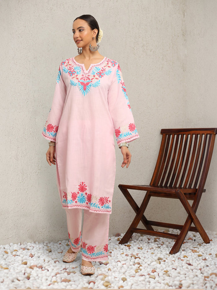 Asfi Javed in Falak Kashmiri Long Kurta Set  - Baby Pink