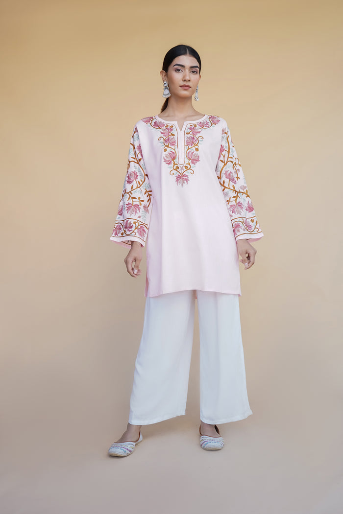 Asmeet in Kashmiri Aari Work Cotton Short Kurta – Pink