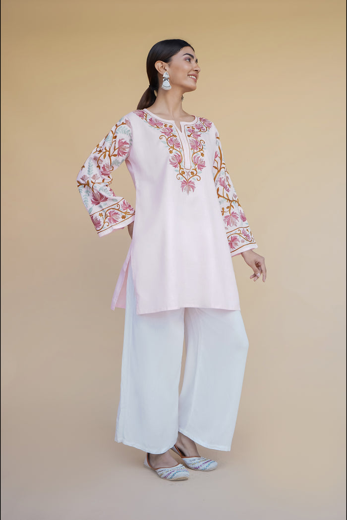 Asmeet in Kashmiri Aari Work Cotton Short Kurta – Pink