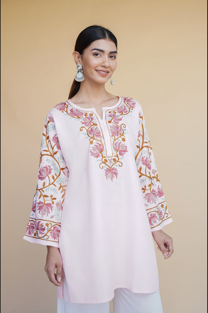 Asmeet in Kashmiri Aari Work Cotton Short Kurta – Pink