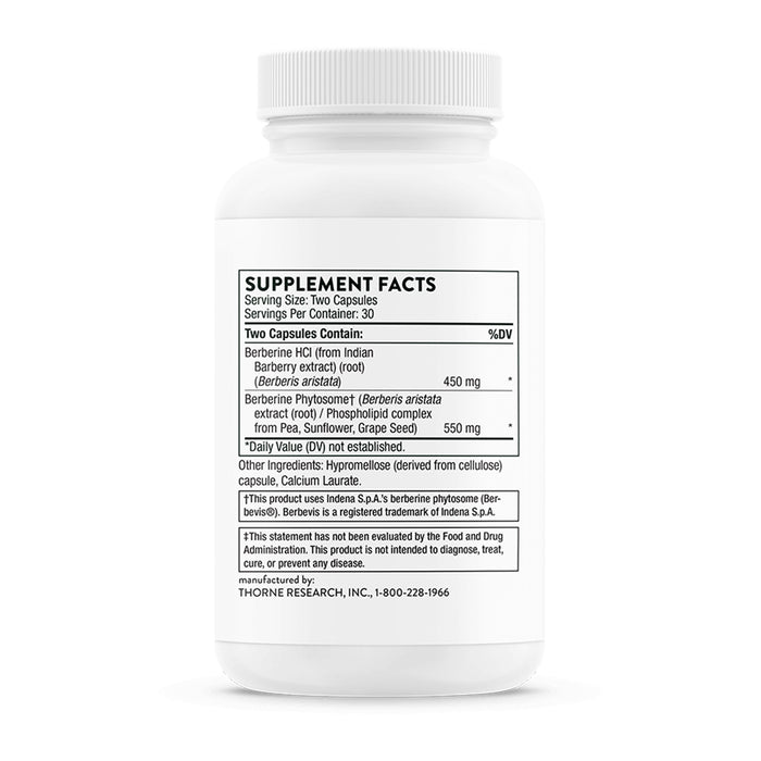 A white plastic bottle of Thorne Research Berberine HCl dietary supplement with a white ribbed cap, showing the black 'Supplement Facts' label on a clean white background.
