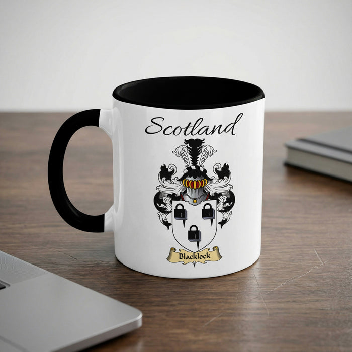 Blacklock Scottish family crest accent mug with Scotland lettering and coat of arms artwork