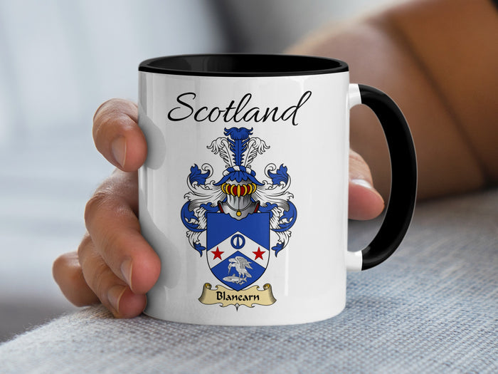 Blanearn Scottish family crest accent mug with Scotland above the coat of arms design