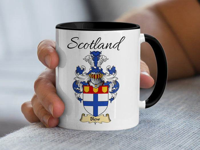 Blew Scottish family crest accent mug with Scotland above the coat of arms design