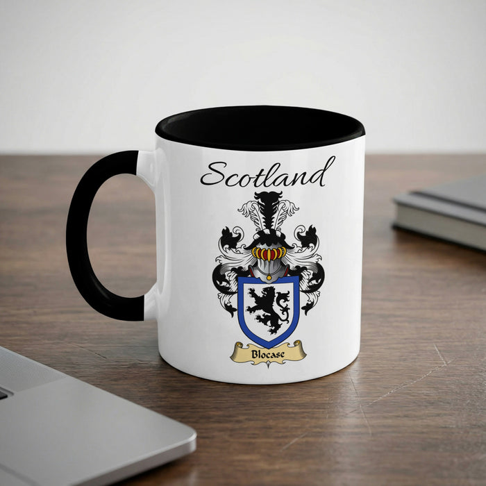 Blocase Scottish family crest accent mug with Scotland lettering and coat of arms artwork