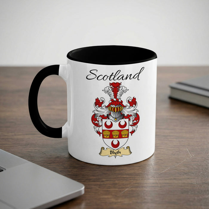 Blyth Scottish family crest accent mug with Scotland lettering and coat of arms artwork