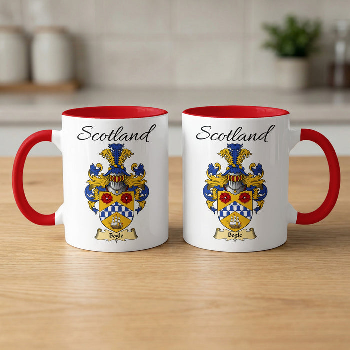 Bogle 11 oz Scottish family crest ceramic mug with a Scotland-topped heraldic emblem