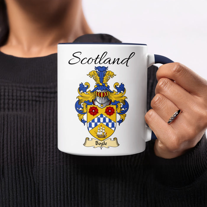 Red-accent Bogle Scottish family crest mugs with Scotland above the heraldic shield