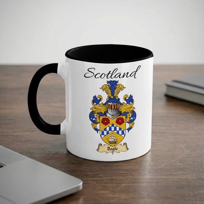 Bogle Scottish family crest accent mug with Scotland lettering and coat of arms artwork