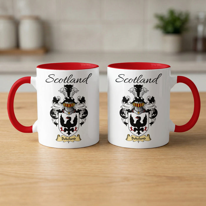 Bokeland 11 oz Scottish family crest ceramic mug with a Scotland-topped heraldic emblem