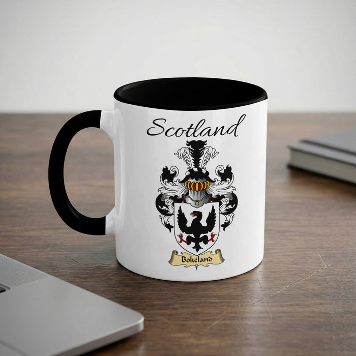 Bokeland Scottish family crest accent mug with Scotland lettering and coat of arms artwork