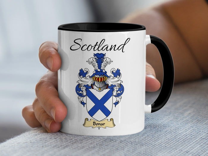 Bonar Scottish family crest accent mug with Scotland above the coat of arms design