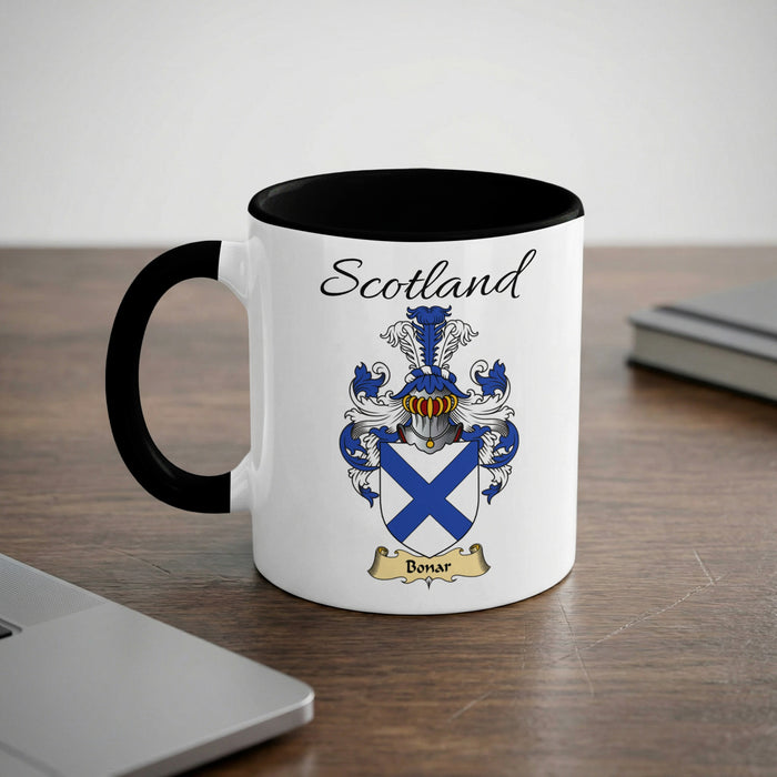 Bonar Scottish family crest accent mug with Scotland lettering and coat of arms artwork