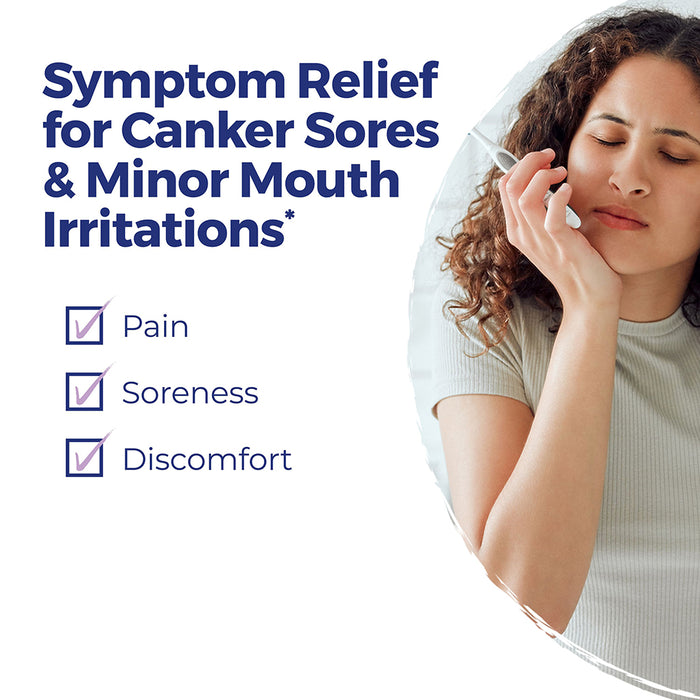 Woman with a mouth sores and text about symptom relief for canker sores and minor mouth irritations.