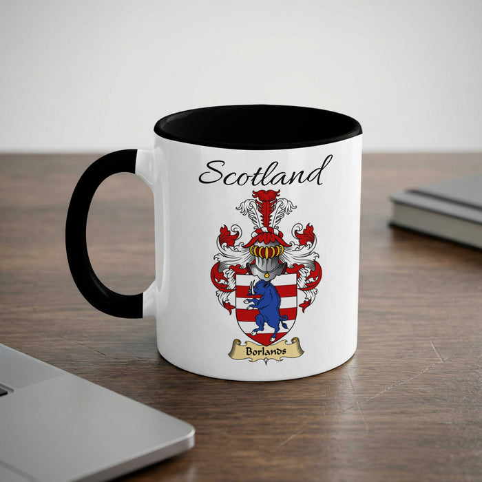 Borlands Scottish family crest accent mug with Scotland lettering and coat of arms artwork