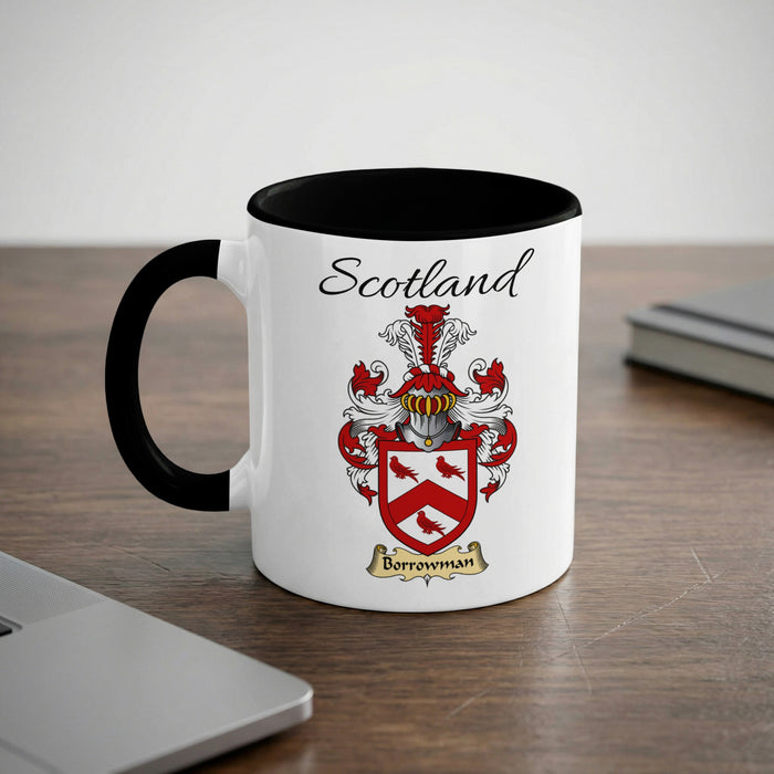 Borrowman Scottish family crest accent mug with Scotland lettering and coat of arms artwork