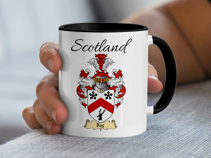 Bos Scottish family crest accent mug with Scotland above the coat of arms design