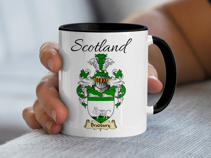 Bradbury Scottish family crest accent mug with Scotland above the coat of arms design