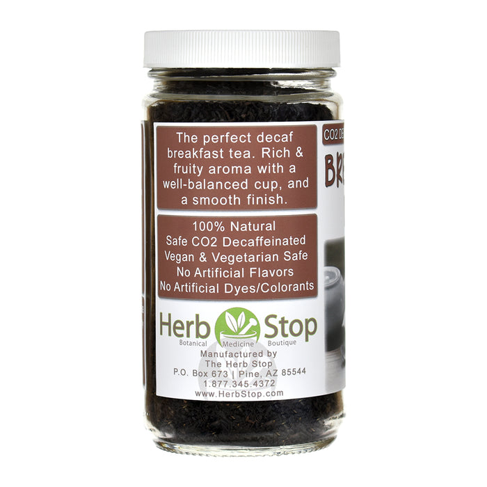 Jar of Herb Stop decaf breakfast blend black tea with label on a white background