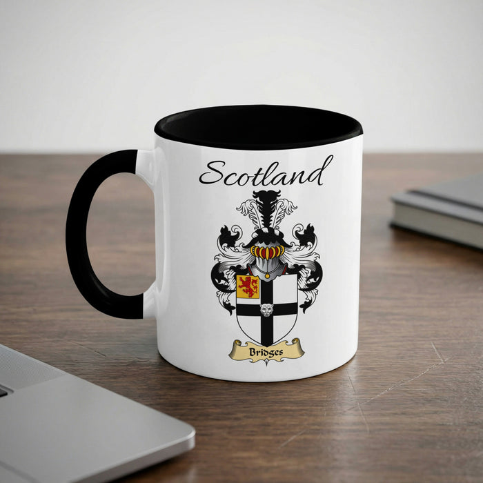 Bridges Scottish family crest accent mug with Scotland lettering and coat of arms artwork