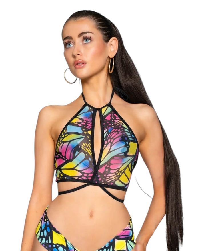 Butterfly Mesh Wrap Halter Top