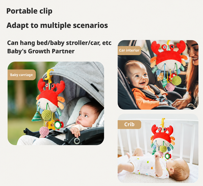 Car Seat & Stroller Toys For Babies 0-6 Months Crab Baby Car Seat Toys with Bell, Crinkle, Rattles, Clamp,Mirror,