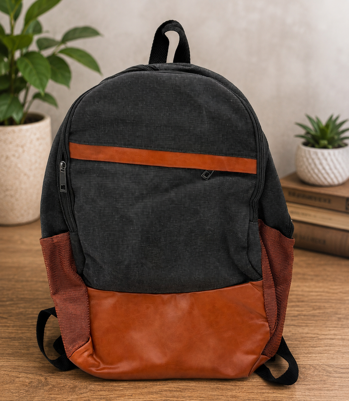 Charcoal Gray & Brown Classic Backpack – Multi-Pocket Everyday Daypack