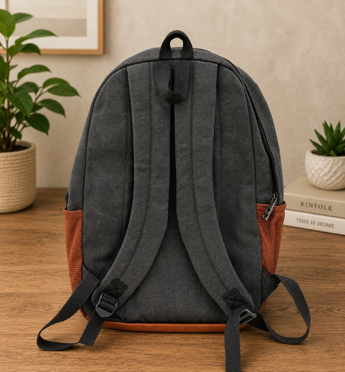 Charcoal Gray & Brown Classic Backpack – Multi-Pocket Everyday Daypack