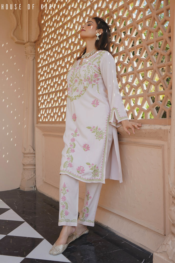 Chikankari Kurta Set In Rayon - Beige